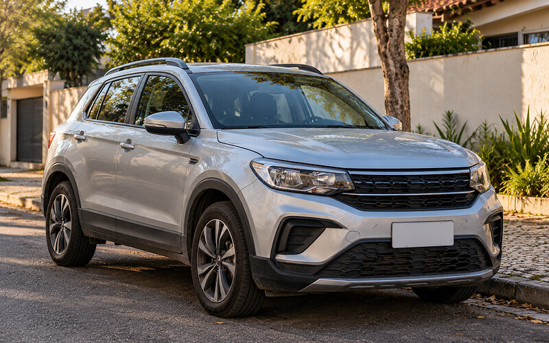 Utilitário esportivo prateado estacionado numa rua residencial arborizada
