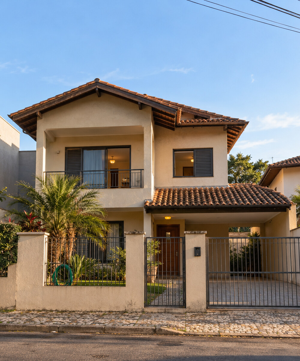 Sobrado de telhado de cerâmica, com muro baixo e portão, numa rua residencial no fim da tarde